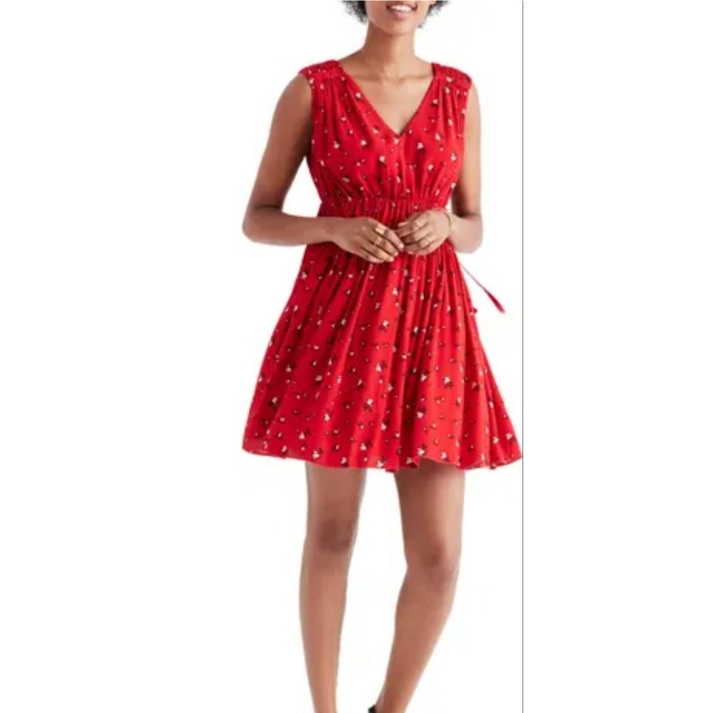 Madewell Magnolia Tie Back Dress‎ Red Floral V-Neck Mini Size M
